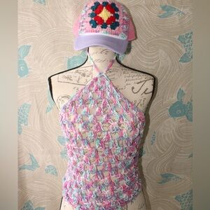 Colorful Crochet Halter Top and Cap Set